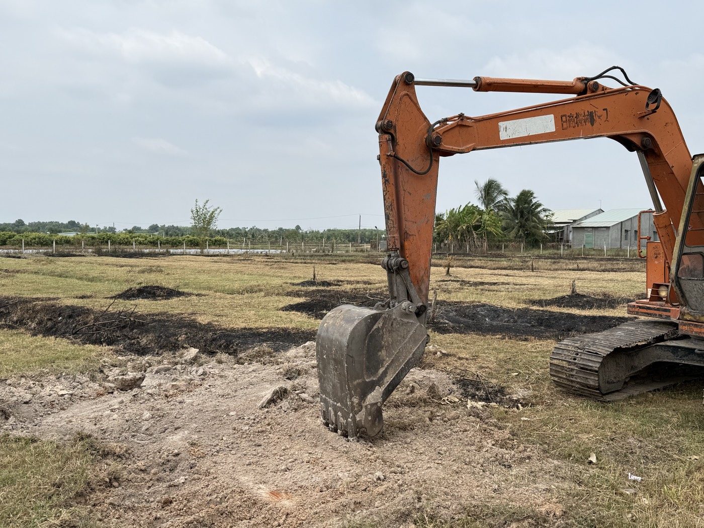 Máy xúc màu cam đang làm đất giữa vườn
